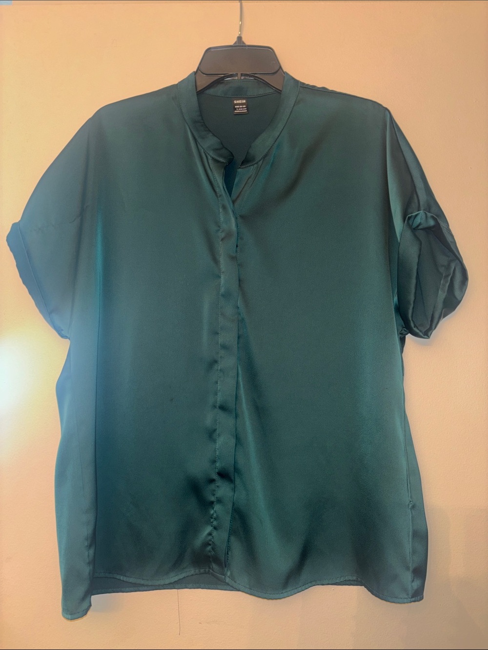 SHEIN Teal Satin V-Neck Short Sleeve Blouse